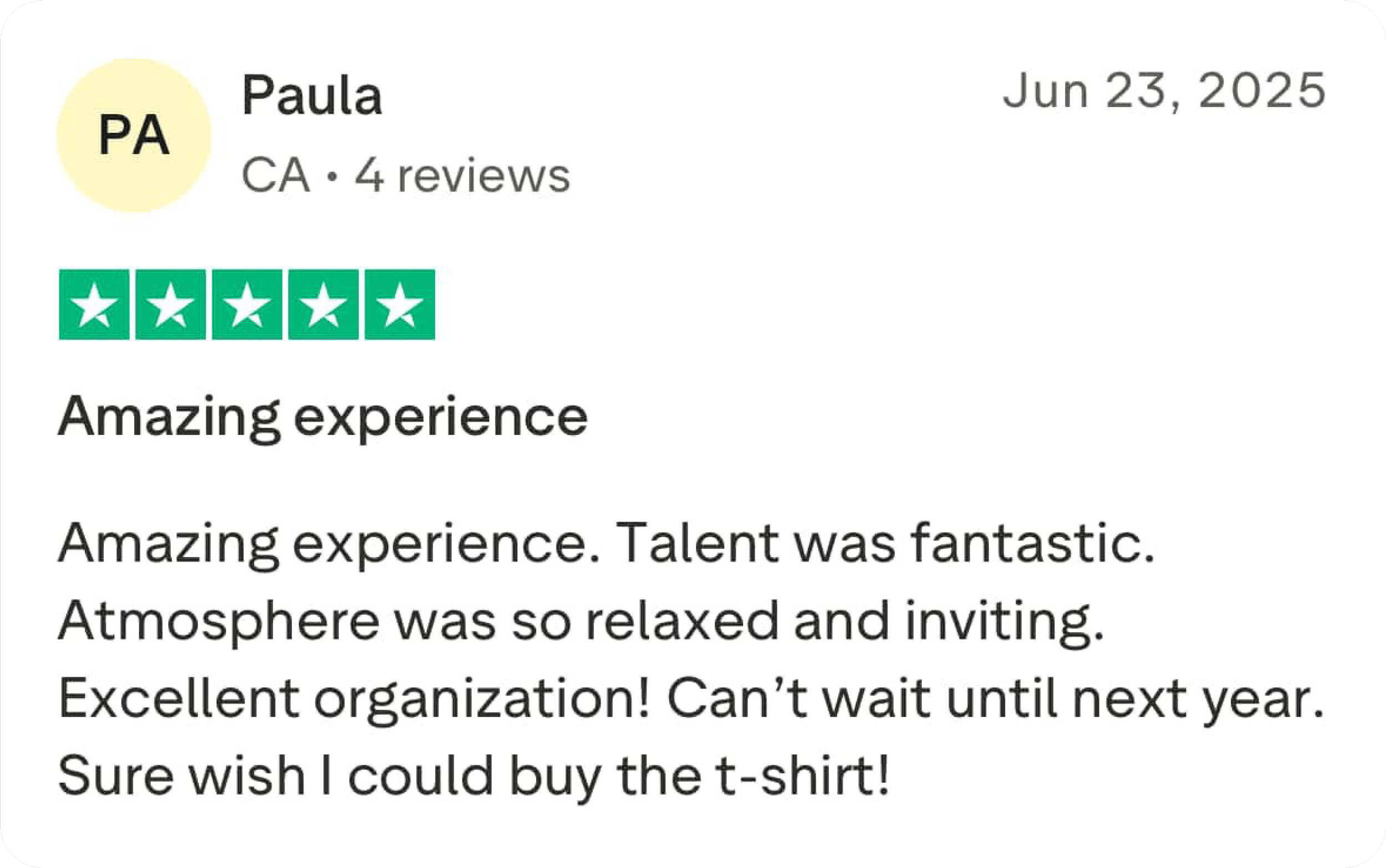 Online review for a service or experience, including a five-star rating, positive comments, and a date of June 23, 2025.