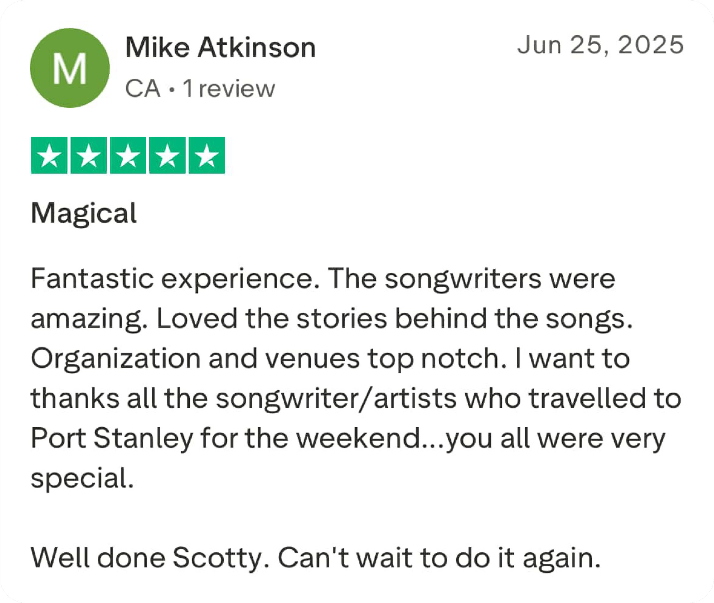Online review with five green stars, titled 'Magical', stating a positive experience with songwriting and organization, thanking songwriters and artists, and expressing enthusiasm to do it again.