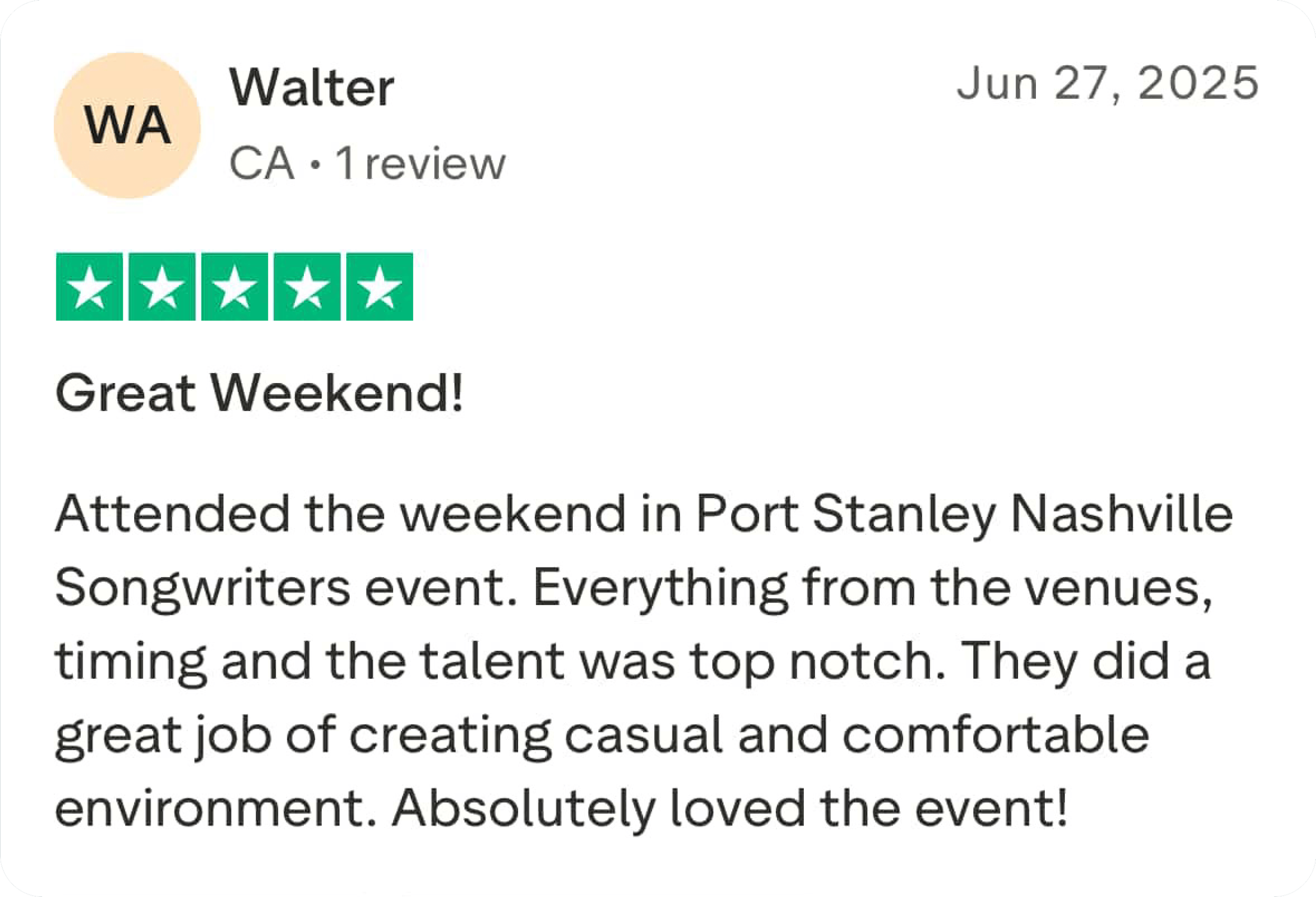 A customer review of a music event at Port Stanley Nashville Songwriters, dated June 27, 2025, with a five-star rating, praising the venue's atmosphere and talent.