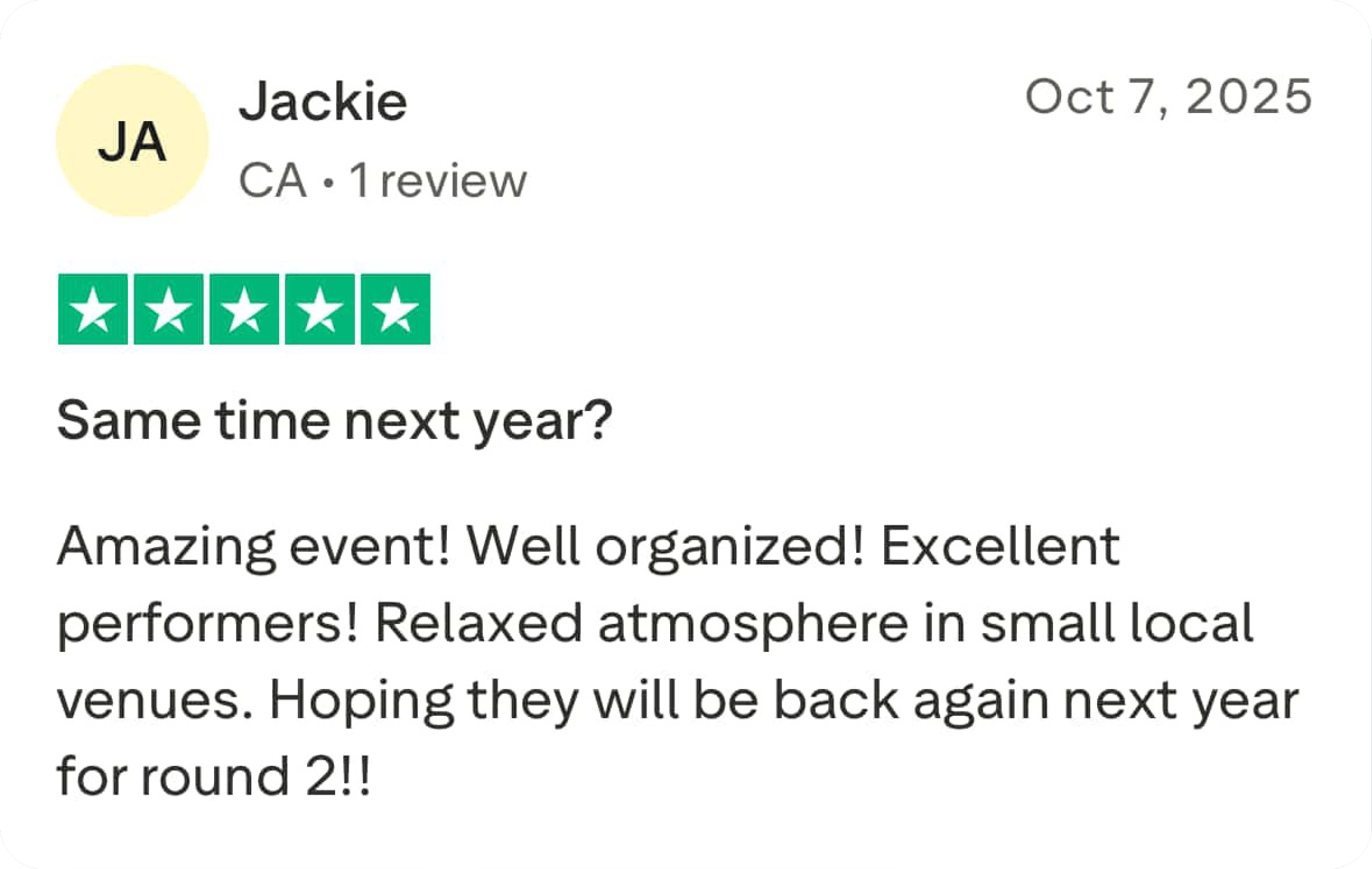 A customer review for an event, showing a five-star rating, with the review date October 7, 2025, and comments about an organized event with relaxing local venues, hopeful for a next year's round two.