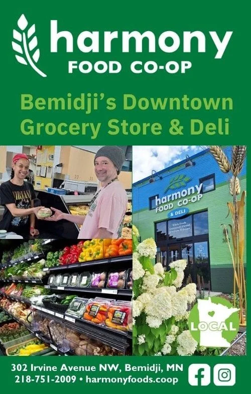 Flyer for Harmony Food Co-op in Bemidji, Minnesota, showing a photo of a grocery store exterior, a woman at the checkout with a cashier, produce section, and white flowers. Includes contact information and social media icons.