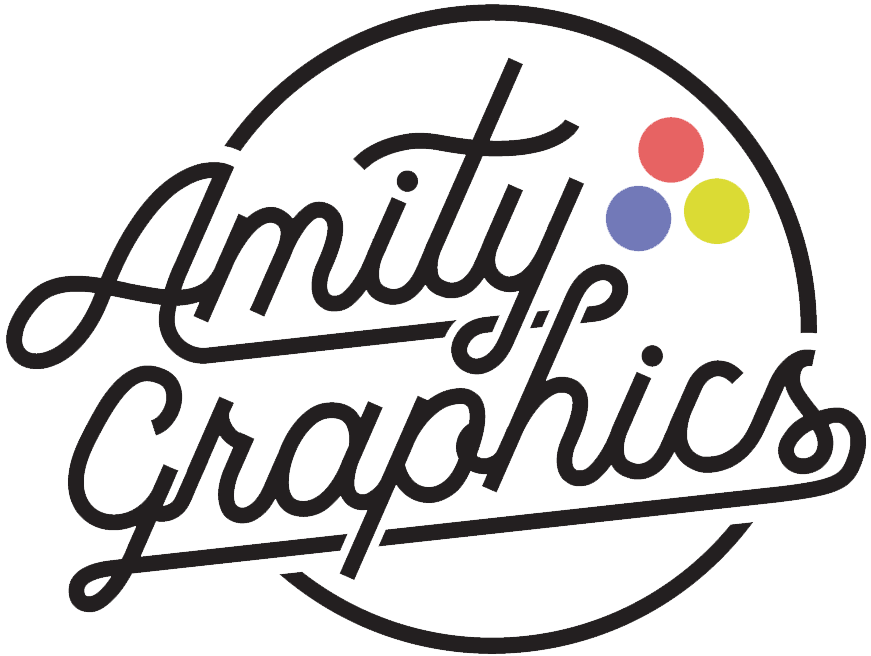 The logo features the words "Amity Graphics" in a cursive font, with three small circles in red, blue, and yellow above the text.