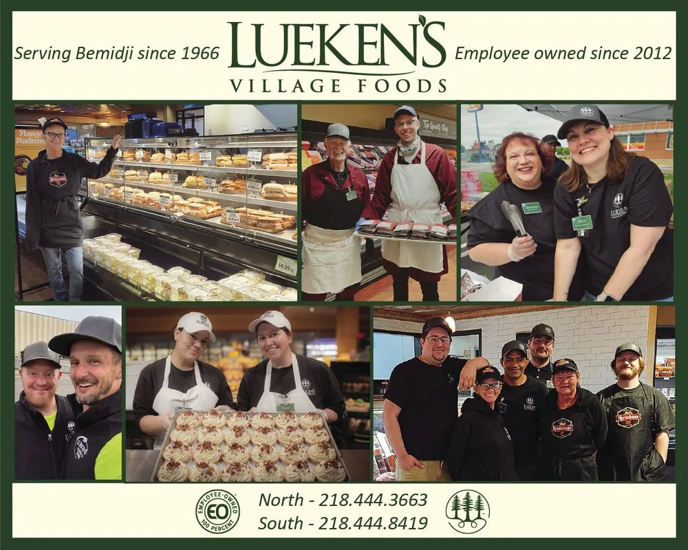 Collage of seven photos showing staff members at Lueken's Village Foods, a grocery store with bakery items, employees in uniforms, and group shots inside and outside of the store.