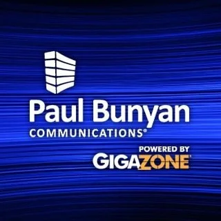 Paul Bunyan Communications logo with a blue background and a stylized building icon, powered by GigaZone.