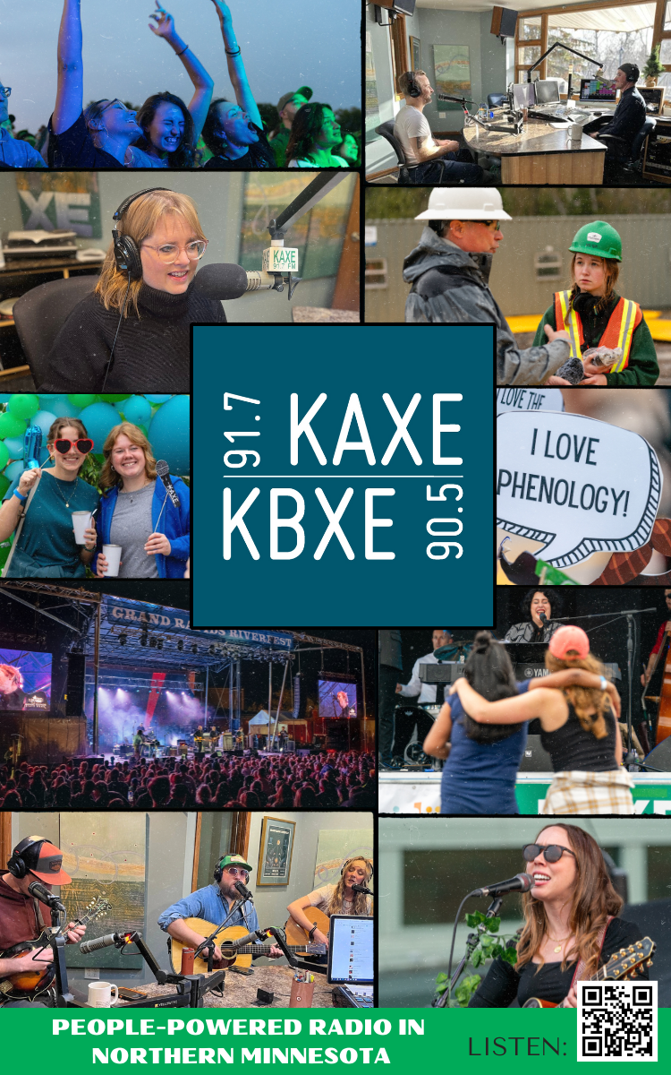 Collage of images promoting KAXE and KBXE radio stations. Includes scenes from band performances, radio hosts in studio, people enjoying outdoor events, and volunteers at a festival, with a central logo and a QR code.