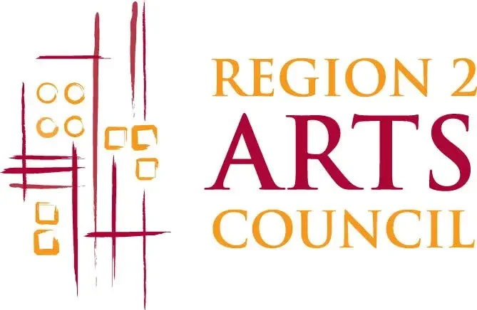 Logo for Region 2 Arts Council with abstract design and text.