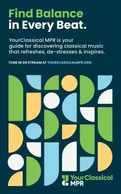 Abstract graphic design with various geometric shapes in green, blue, yellow, and white, promoting classical music for balance and inspiration.
