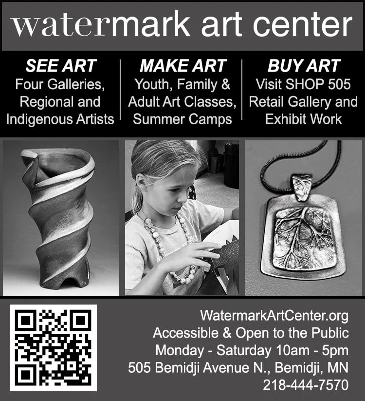 Poster for Watermark Art Center featuring three sections: 'See Art' with images of a ceramic sculpture and a jewelry piece, 'Make Art' showing a young girl working on an art project, and 'Buy Art' with a jewelry pendant. Includes location, hours, website, and contact information.