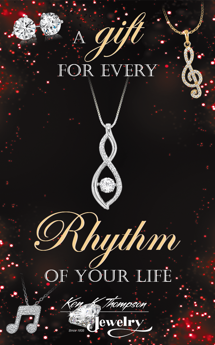 Jewelry advertisement featuring diamond earrings, a diamond necklace with a treble clef pendant, and a diamond charm necklace with a musical note, set against a black background with red speckles. Text reads "A gift for every rhythm of your life" and includes the name "Ken K. Thompson Jewelry" since 1935.