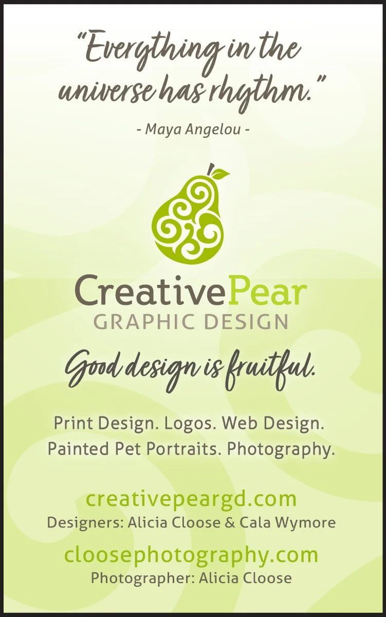 A promotional flyer with a quote from Maya Angelou, a stylized green pear graphic, and information about Creative Pear Graphic Design and close photography. The background features light green and white abstract circles.