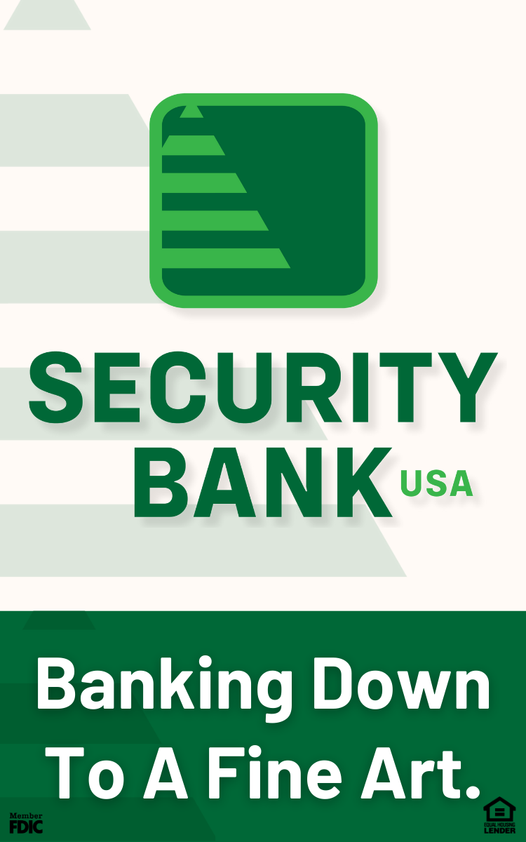 Green security bank logo with stylized building image and text 'SECURITY BANK USA'. Below, a message reads 'Banking Down To A Fine Art.' with FDIC and Equal Housing Lender logos.