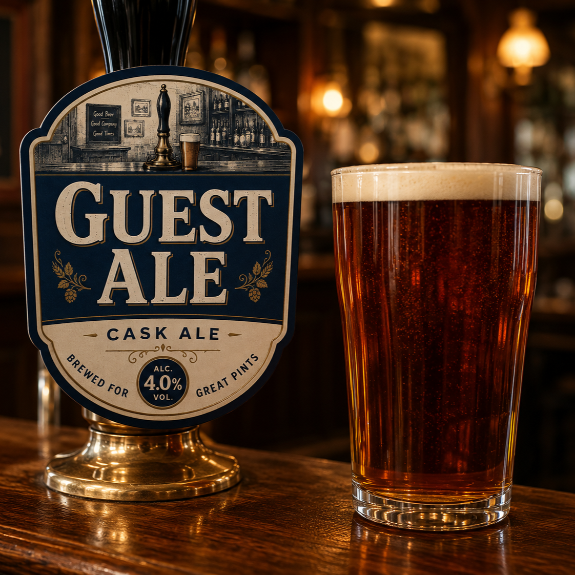 A glass of guest ale on a wooden bar counter next to a sign indicating it is a cask ale with 4.0% alcohol by volume, in a dimly lit pub setting.