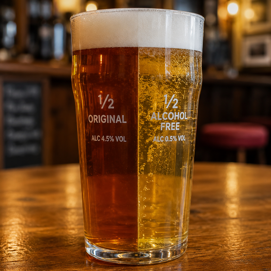 A glass of beer with half labeled as 'original' with 4.5% alcohol and half as 'alcohol free' with 0.5% alcohol, showing the difference in alcohol content.