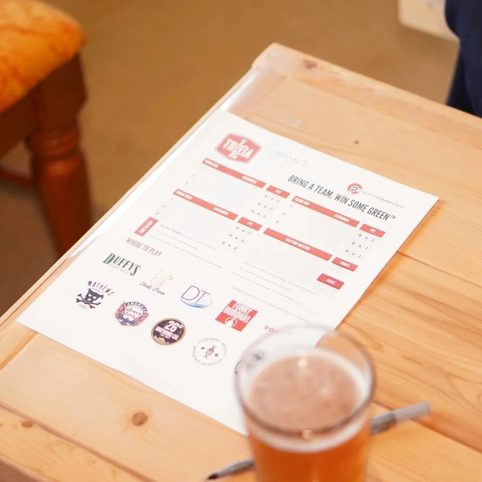 A wooden table holding a printed sheet with logos of various breweries and a shot glass filled with a reddish-brown beer, with a pen nearby.