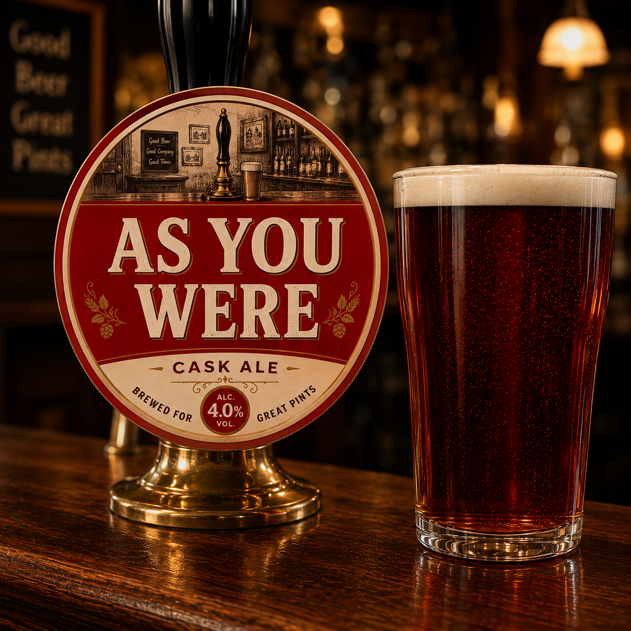A pint glass filled with dark cask ale beer and a label reading "As You Were" with a 4.0% ABV, sitting on a wooden bar counter in a pub setting.