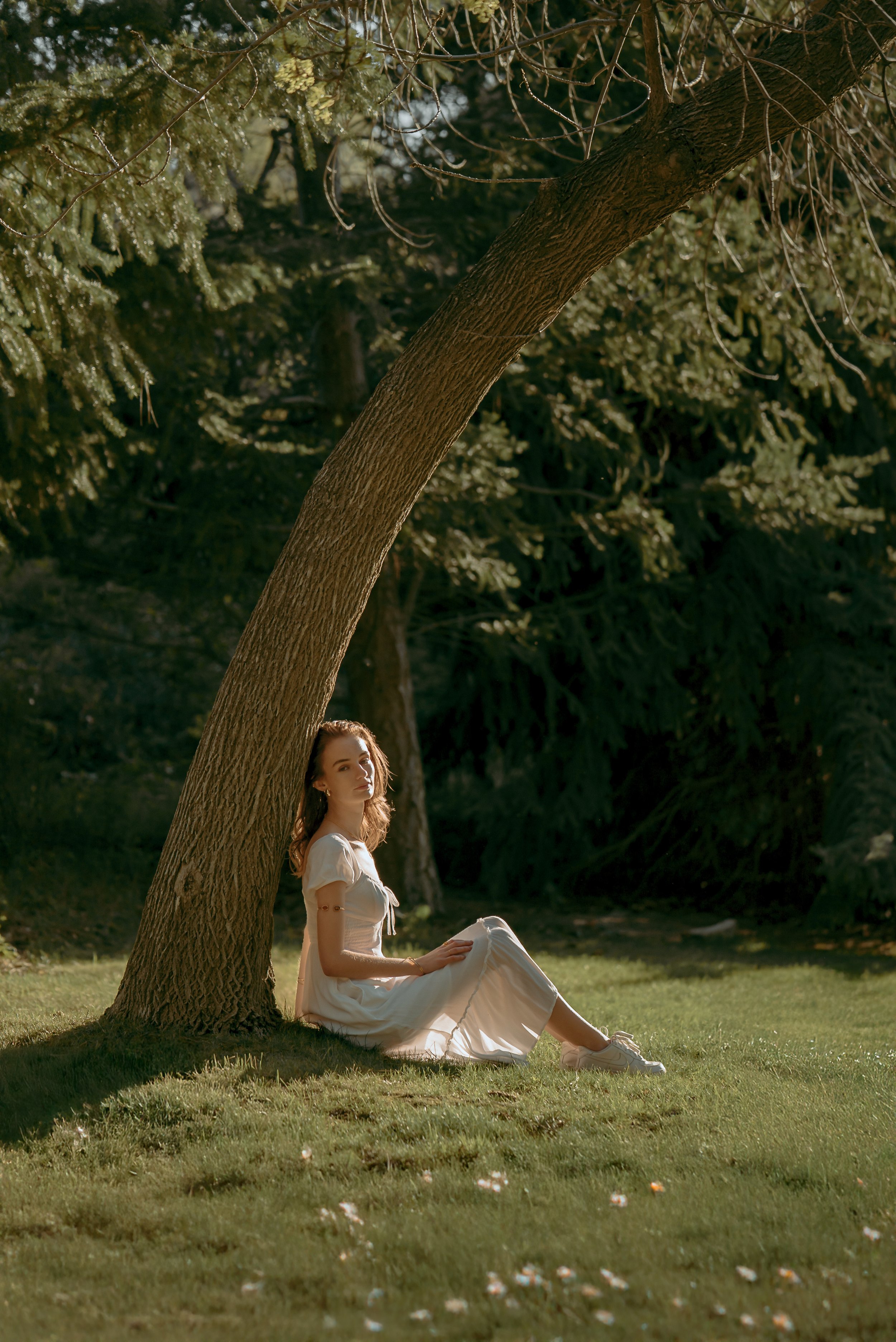 A woman in a white dress sitting on grass beside a large tree in a park during daylight.