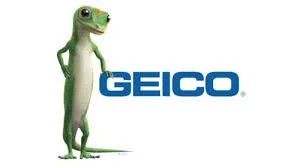 GEICO gecko mascot standing next to the GEICO logo