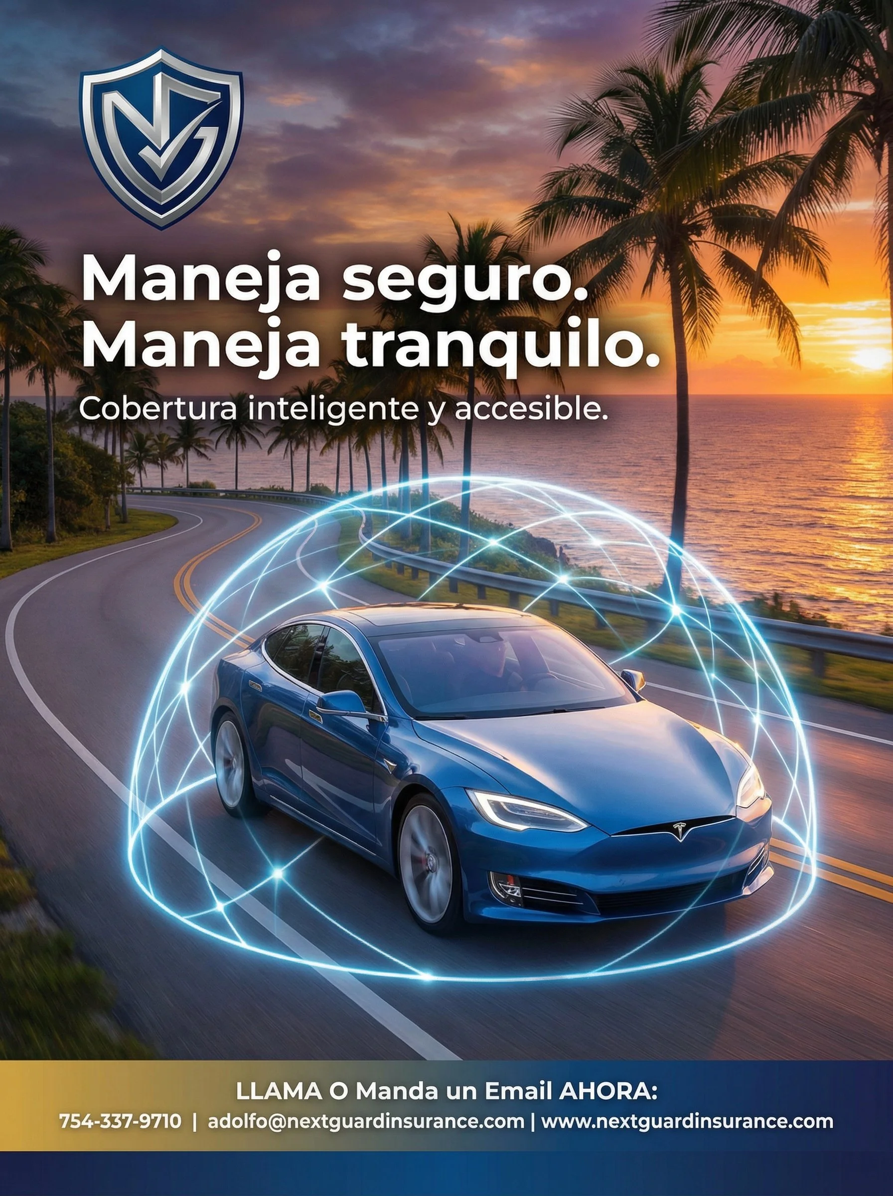 An advertisement for a car insurance company features a blue Tesla car on a winding coastal road at sunset. The background shows palm trees and a body of water with the sun setting. The ad includes a shield logo and text in Spanish promoting safe driving and smart, accessible coverage. Contact information and a website link are at the bottom.