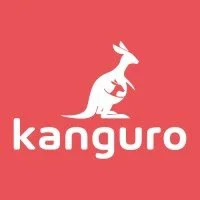 White kangaroo with a smaller kangaroo in its pouch on a pink background, with the word 'Kanguro' below.