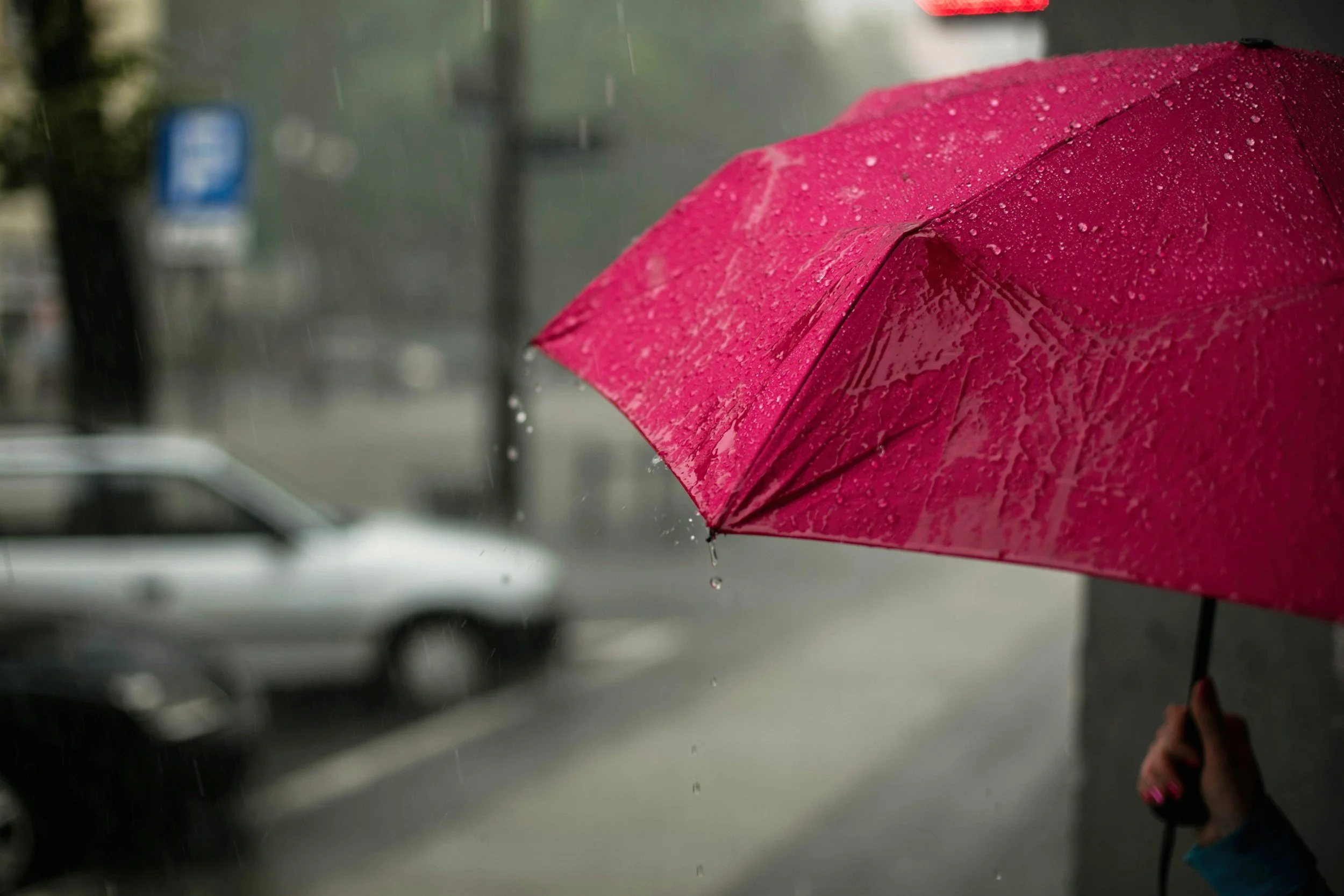 A person holding a pink umbrella in the rain, with water droplets on the umbrella and blurred cars and street scene in the background.