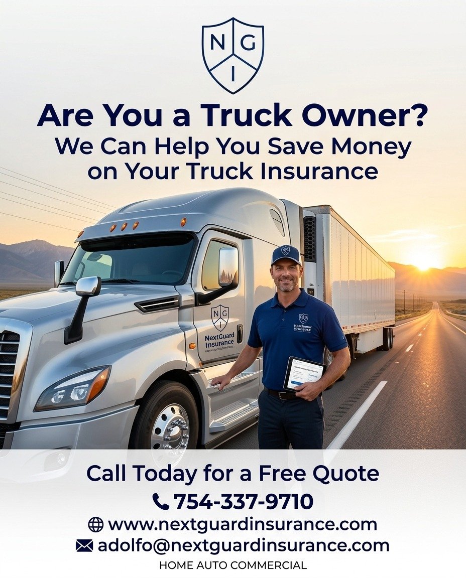 🚛 Truck Owners in Florida &mdash; Are You Paying Too Much for Insurance?

If you own a semi-truck, box truck, or operate a trucking business, your insurance could be costing you thousands more than it should.

At NextGuard Insurance, we help truck o