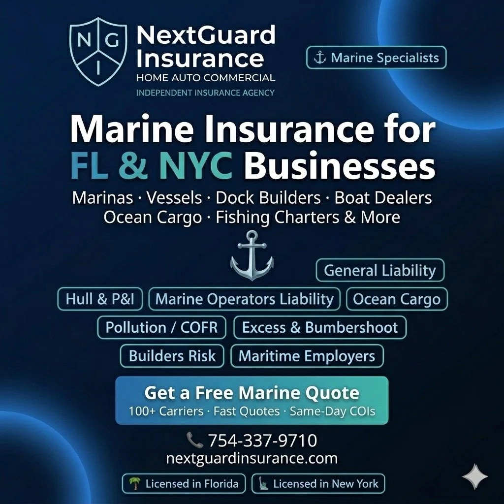 ⚓ Does your marine business have the RIGHT insurance? From marinas and fishing charters to dock builders and commercial vessels standard insurance won't cut it. 
NextGuard Insurance specializes in marine coverage across Florida &amp; NYC 🌴🗽 Hull &a