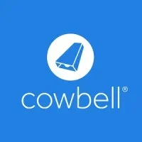 Cowbell logo with a white circle containing a stylized cowbell icon on a blue background, and the word 'cowbell' underneath.