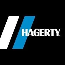 Hagerty logo with stylized blue and white stripes