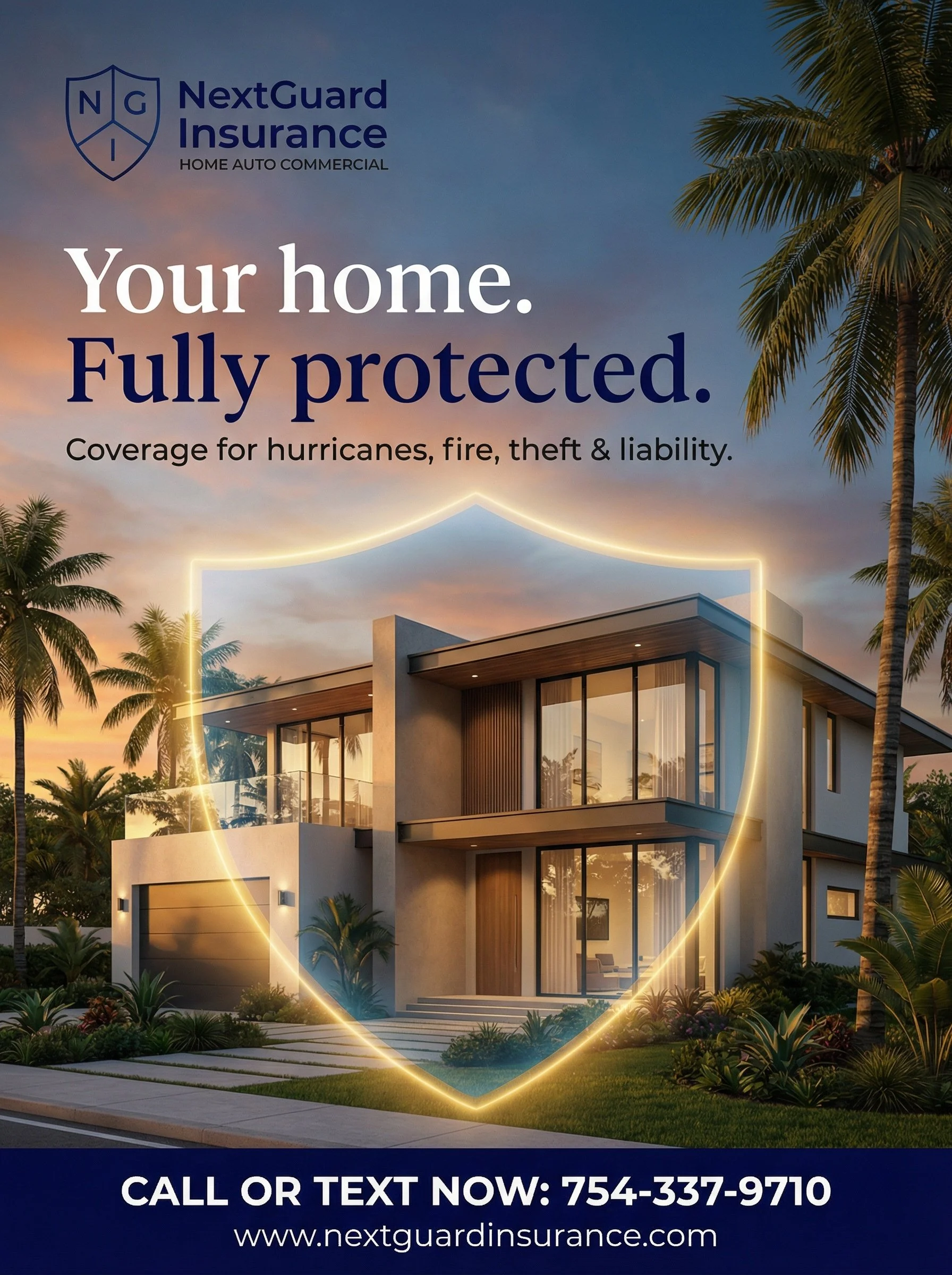 Advertisement for NextGuard Insurance featuring a modern house with a glowing shield outline, palm trees, and a sunset sky.