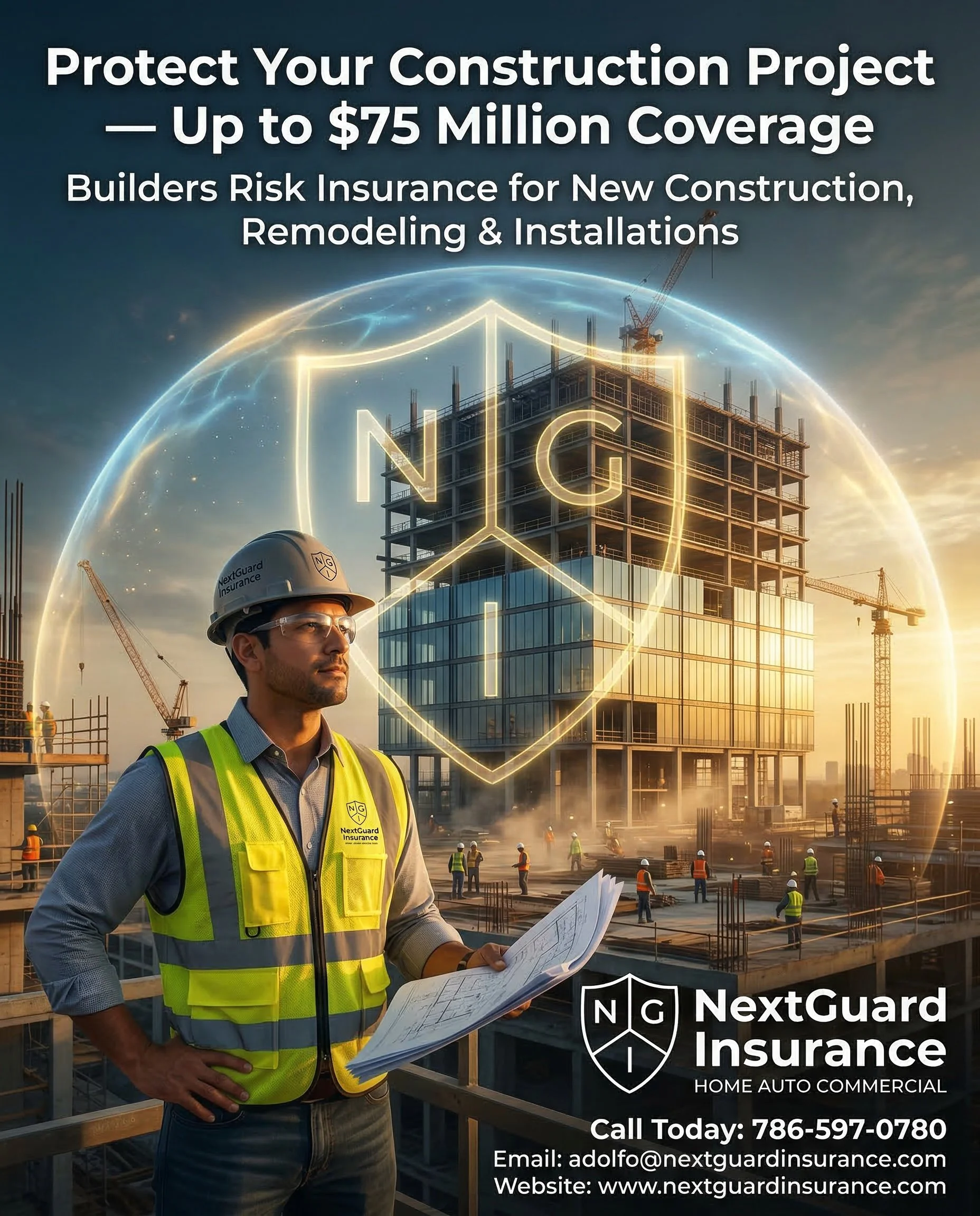 Construction site with a worker in a yellow safety vest and helmet, holding blueprints, with a tall building under construction in the background. Overlaid shield graphic with N.G. initials.