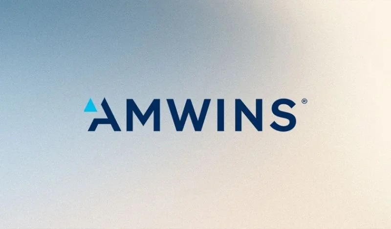 Logo of AMWINS company on a white gradient background.
