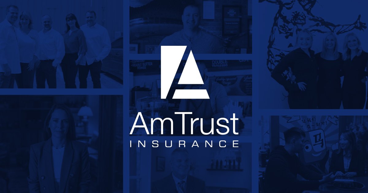 A collage of people in different professional settings with the AmTrust Insurance logo in the center.