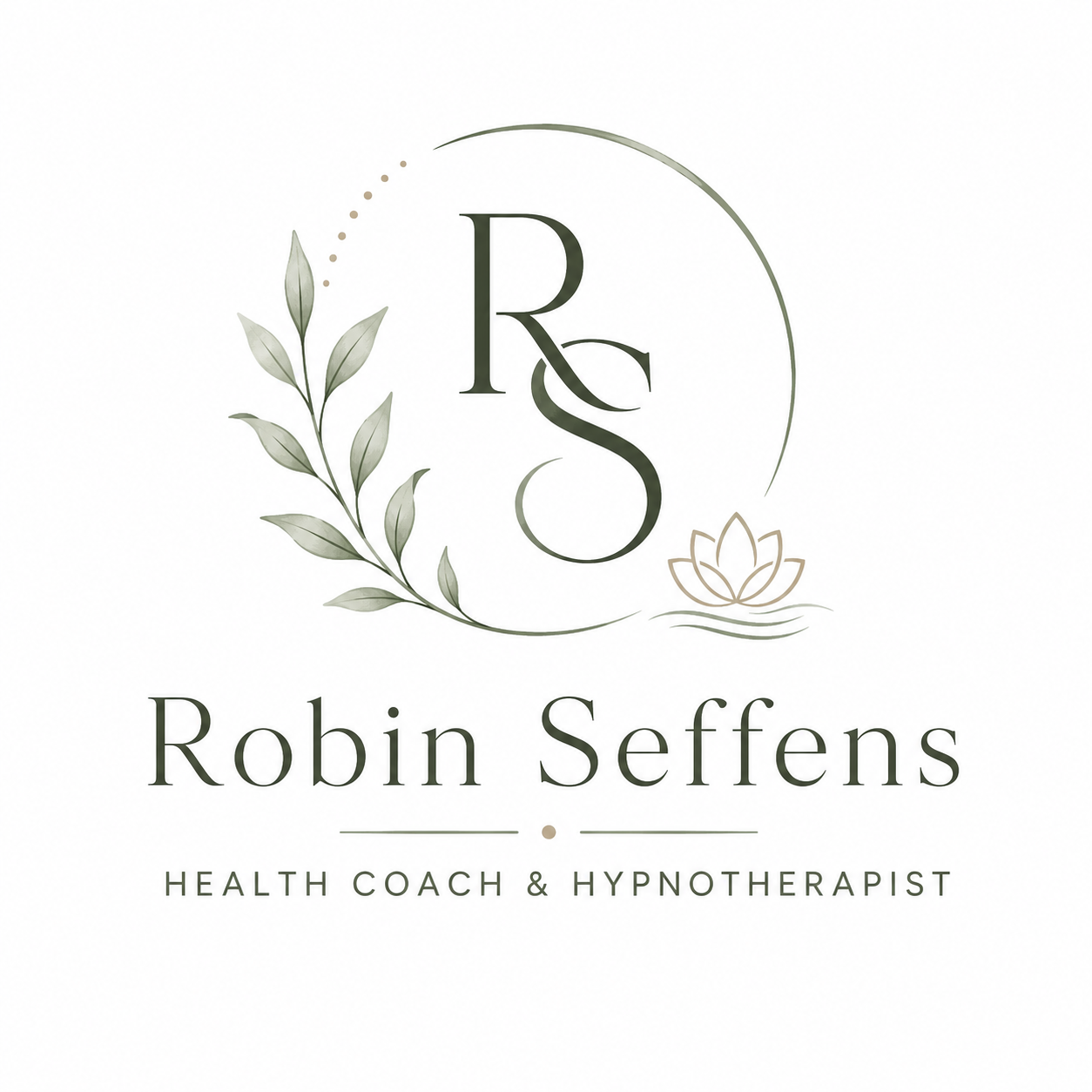 Logo for Robin Seffens, health coach and hypnotherapist, featuring initials RS, a leaf branch, a lotus flower, and the name text.