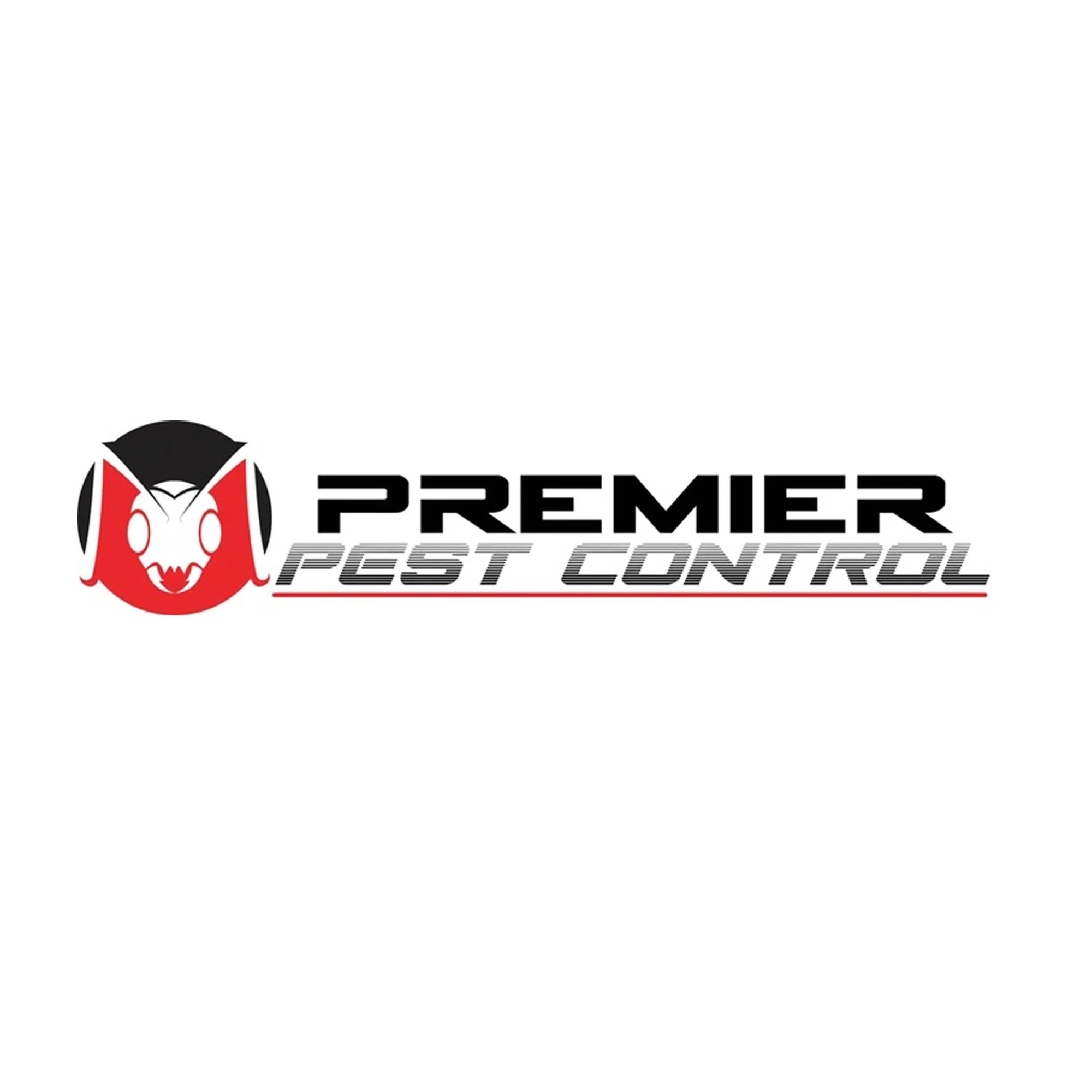 The logo of Premier Pest Control featuring a stylized insect with red, black, and white colors, accompanied by the company name in black and gray text.
