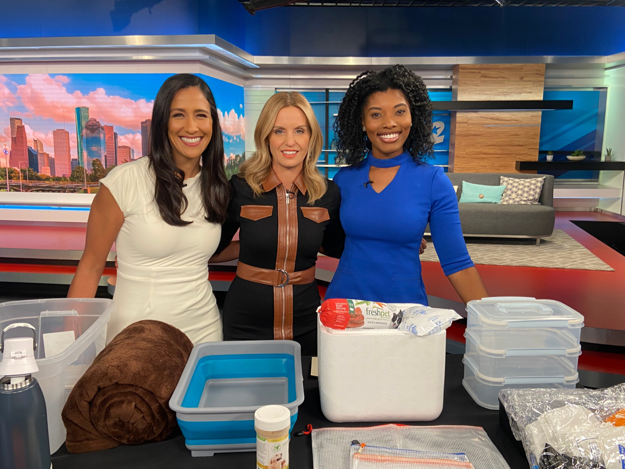 dr aziza glass cawlm veterinary hospital on kprc2 posing with hosts after talking about natural disaster preparedness