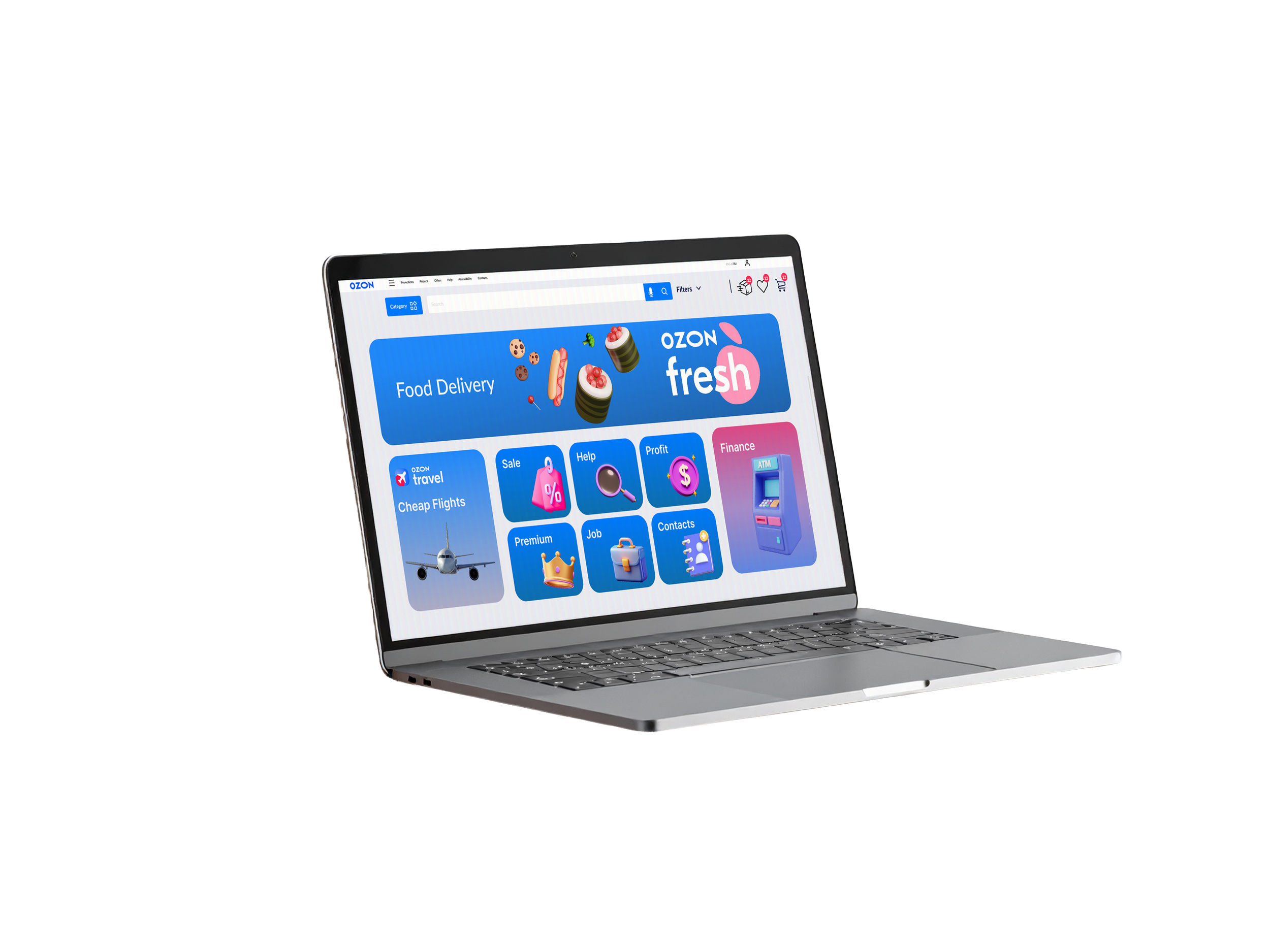 A laptop displaying the online shopping website OZON with categories like food delivery, travel deals, and finance visible on the screen.