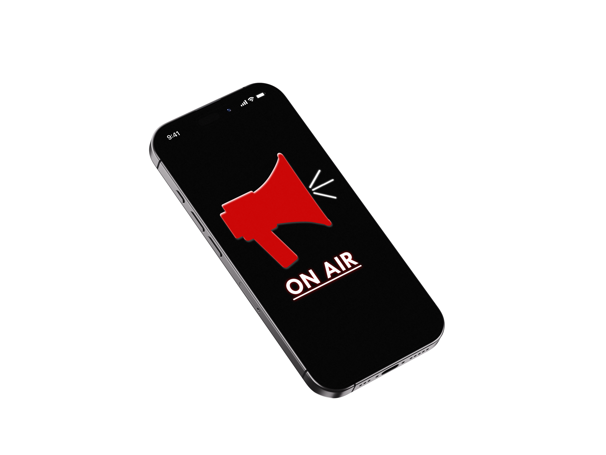 Close-up of a smartphone screen displaying a red warning megaphone icon and the text 'ON AIR' in white on a black background.