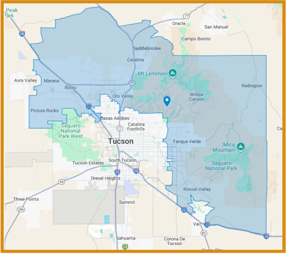 Map of Tucson, Arizona, and surrounding areas with parks and national parks highlighted, including Saguaro National Park and Mountain