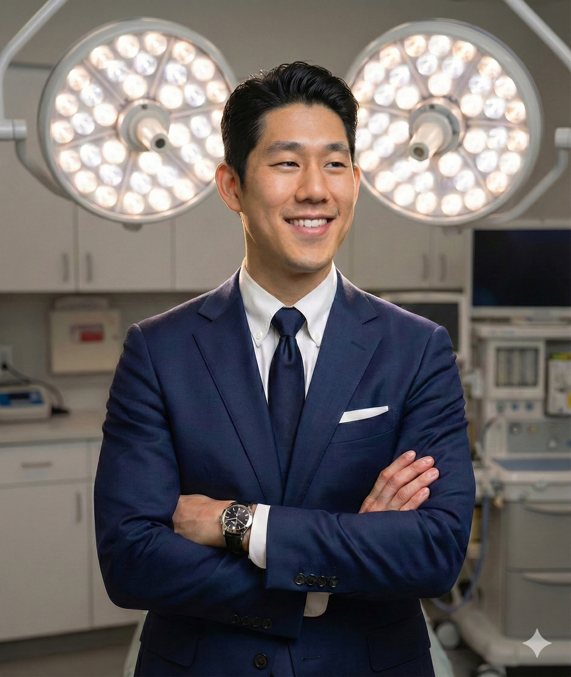 A man in a dark suit with a white shirt and a tie, wearing a wristwatch, stands with his arms crossed in front of a background with surgical lights and medical equipment.