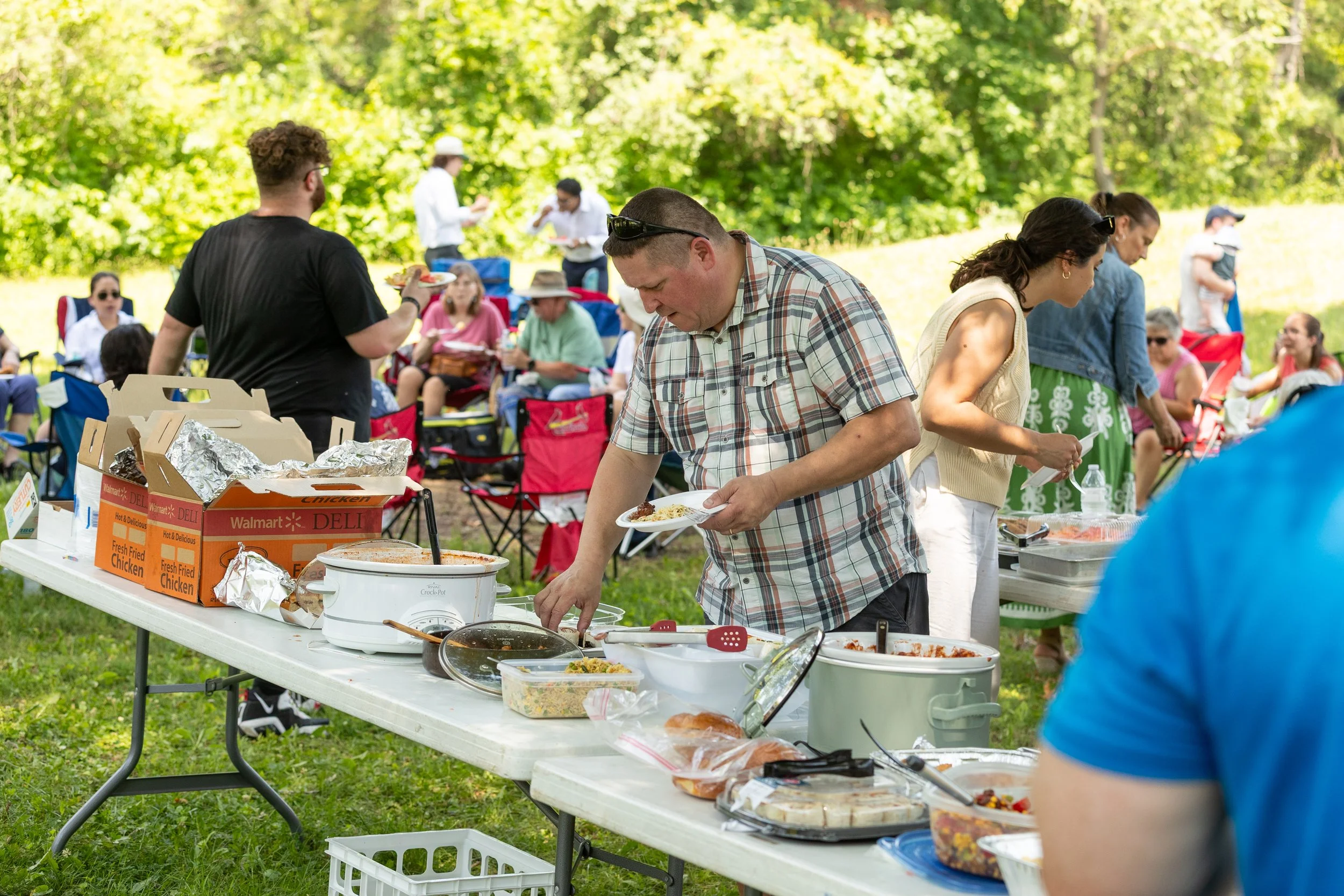 People enjoying a picnic outdoors with a table of food, set in a park with green trees in the background.