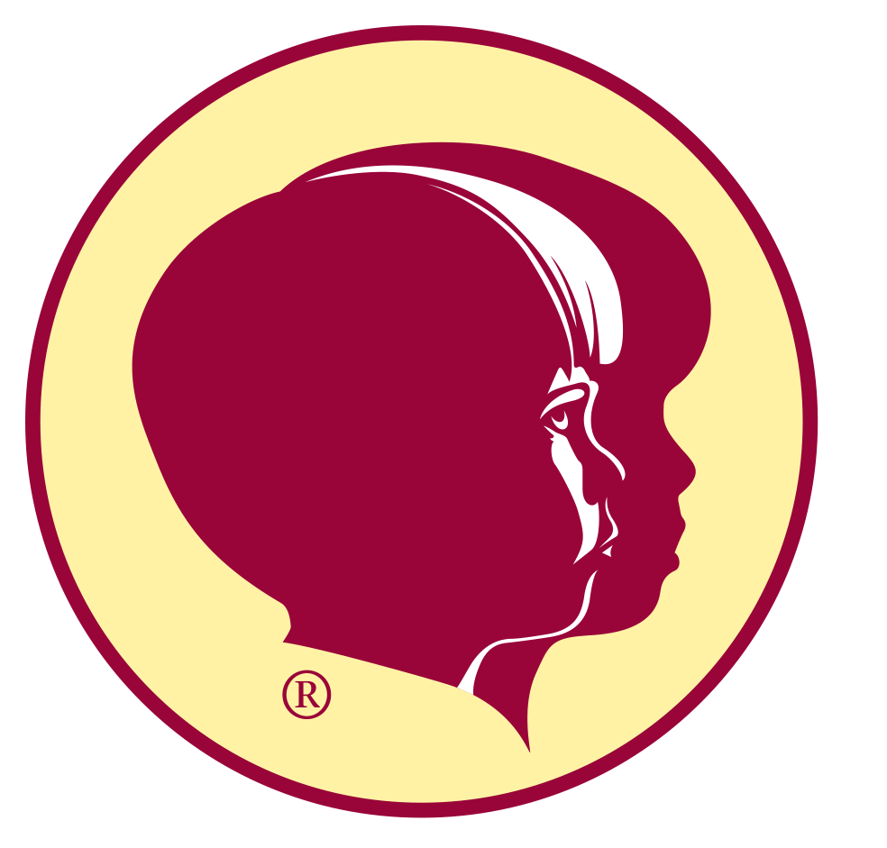 Logo featuring a child's face profile and the silhouette of a large head in maroon, with a yellow background and a white border.