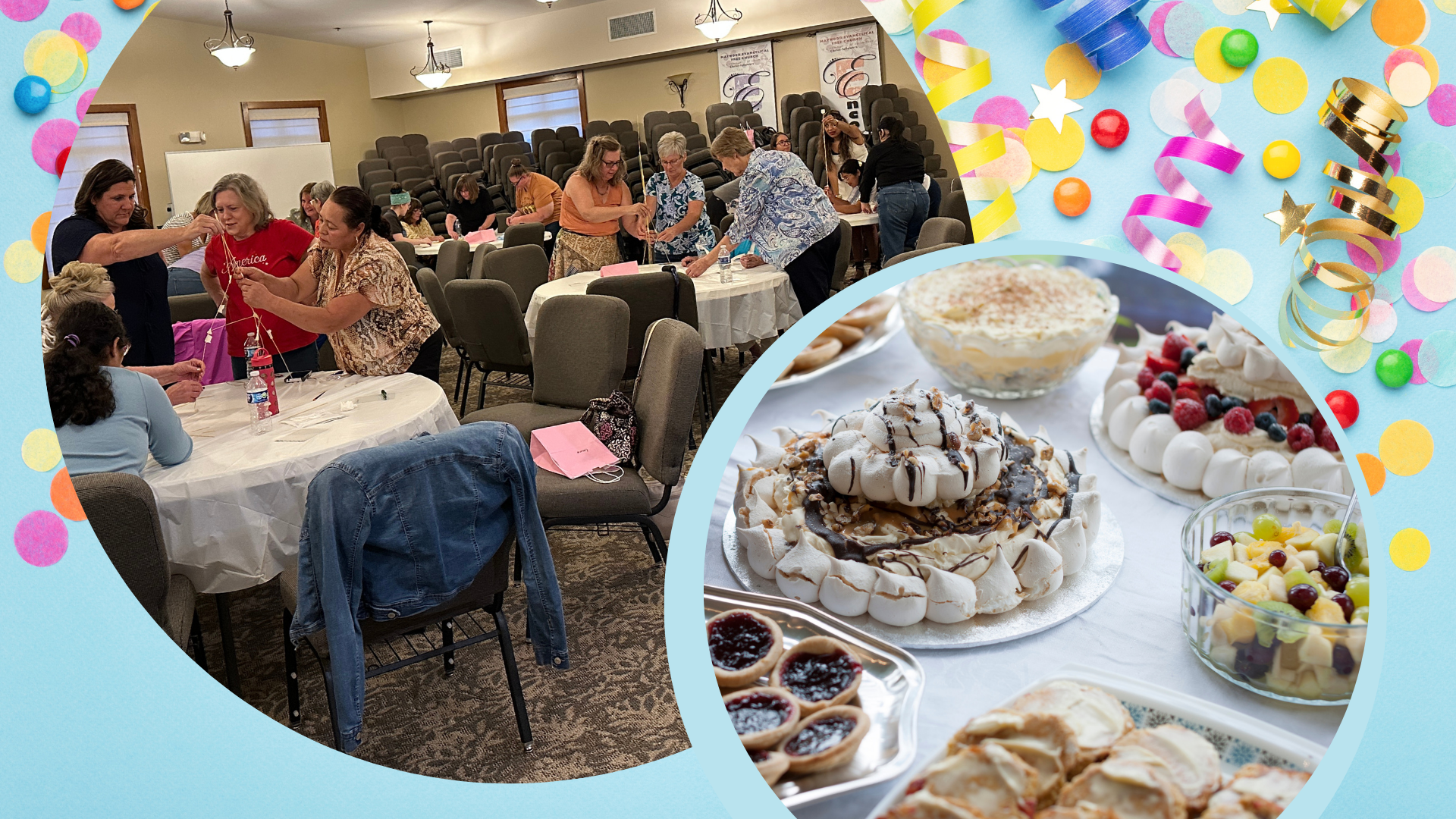 Image showing a birthday gathering with women playing a game at round tables in a banquet hall, and a close-up of a table with various desserts including a pavlova, fruit tart, fruit salad, mini tarts, and other sweet treats, with colorful confetti and streamers as decoration.