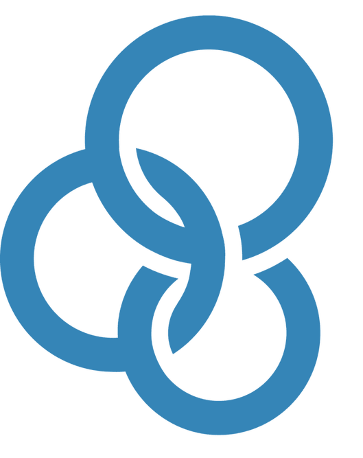 Abstract logo with interconnected blue rings forming a stylized shape.