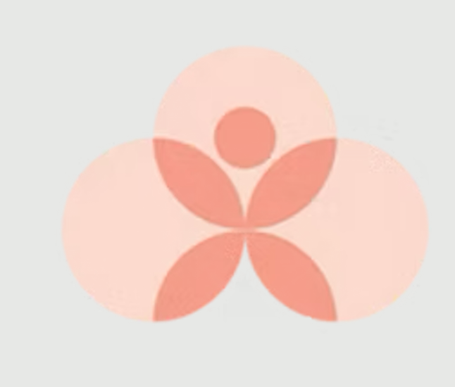 A geometric abstract design with overlapping pink circles and leaf shapes forming a symmetrical flower-like pattern on a pale gray background.