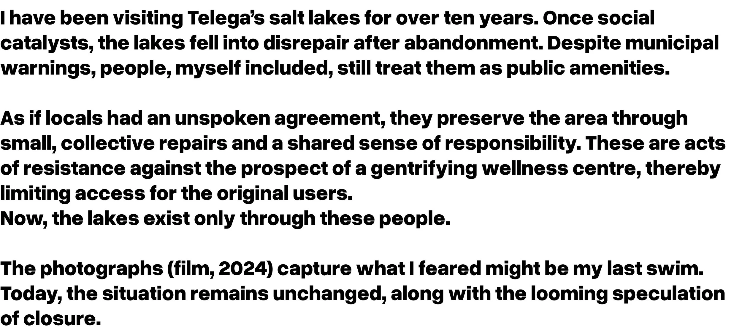 Text discussing Telega's salt lakes, environmental neglect, community resistance, and upcoming closures.