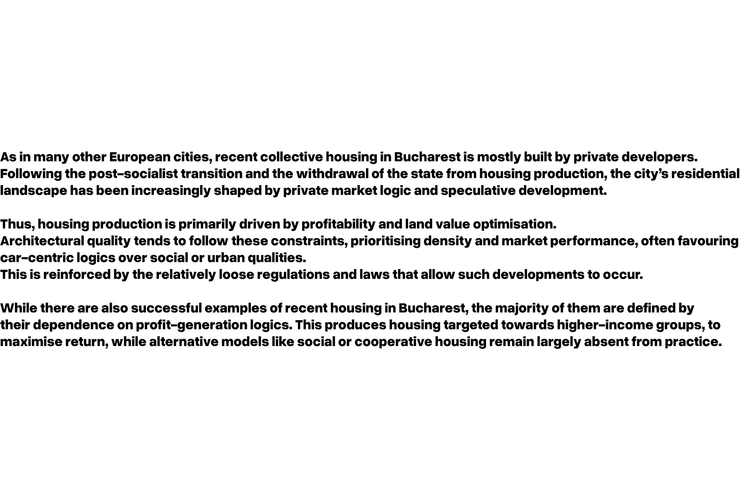 Text discussing housing development, private market influence, urban planning, and social implications in Bucharest.