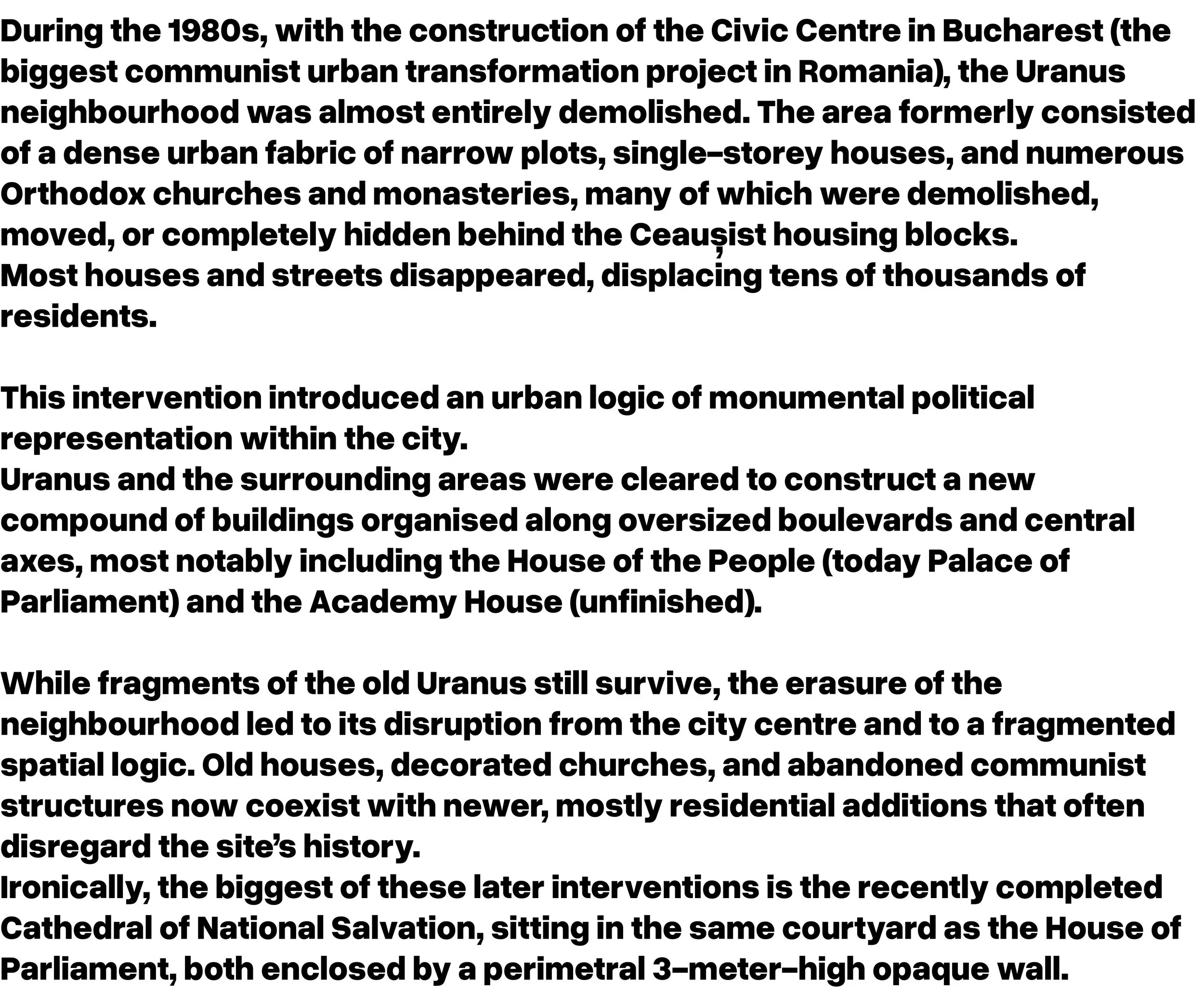 Text discussing the demolition and redevelopment of the Uranus neighborhood in Bucharest during the 1980s, including the construction of the Civic Centre and the Cathedral of National Salvation.