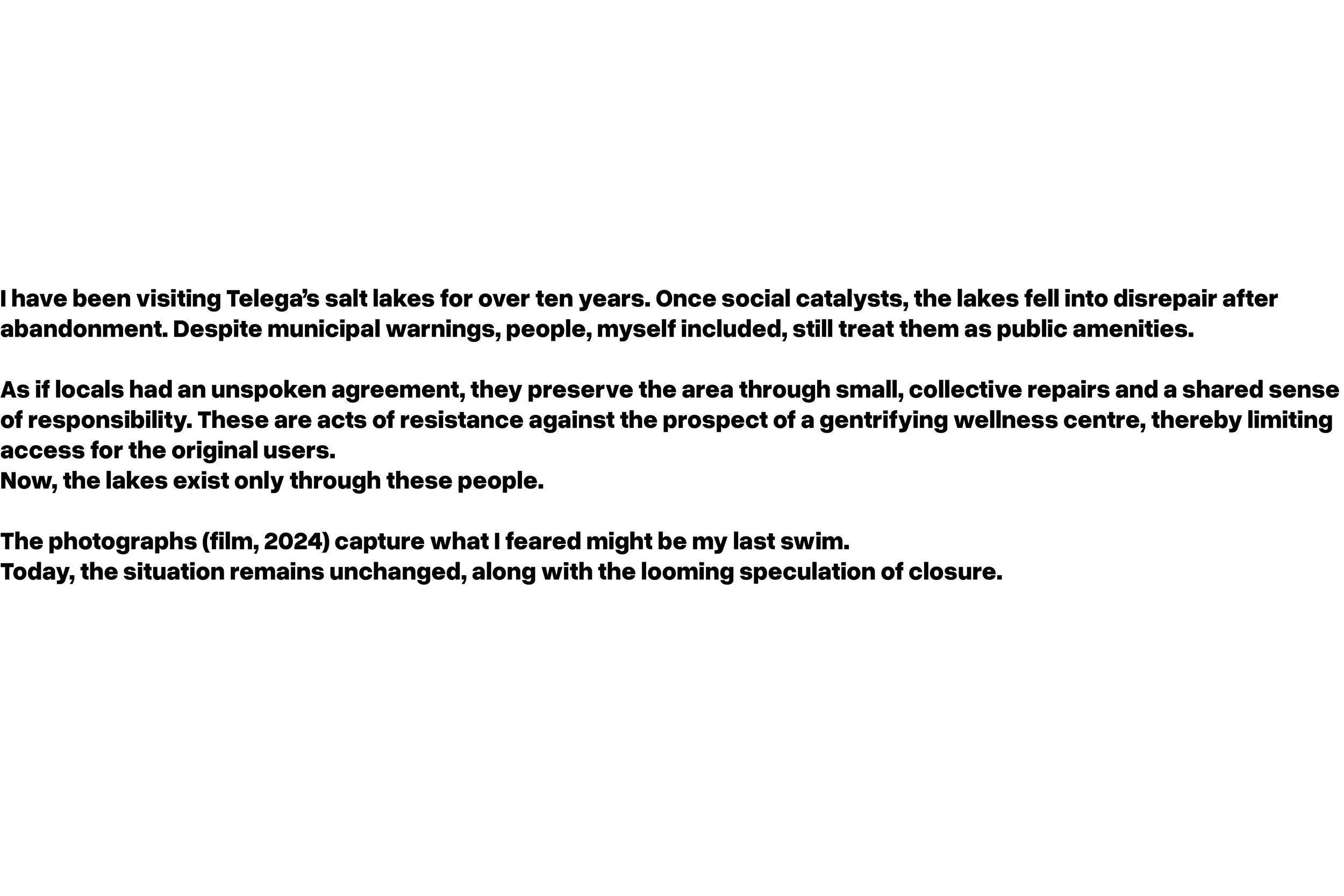 Text discussing Telega's salt lakes, environmental neglect, community resistance, and upcoming closures.