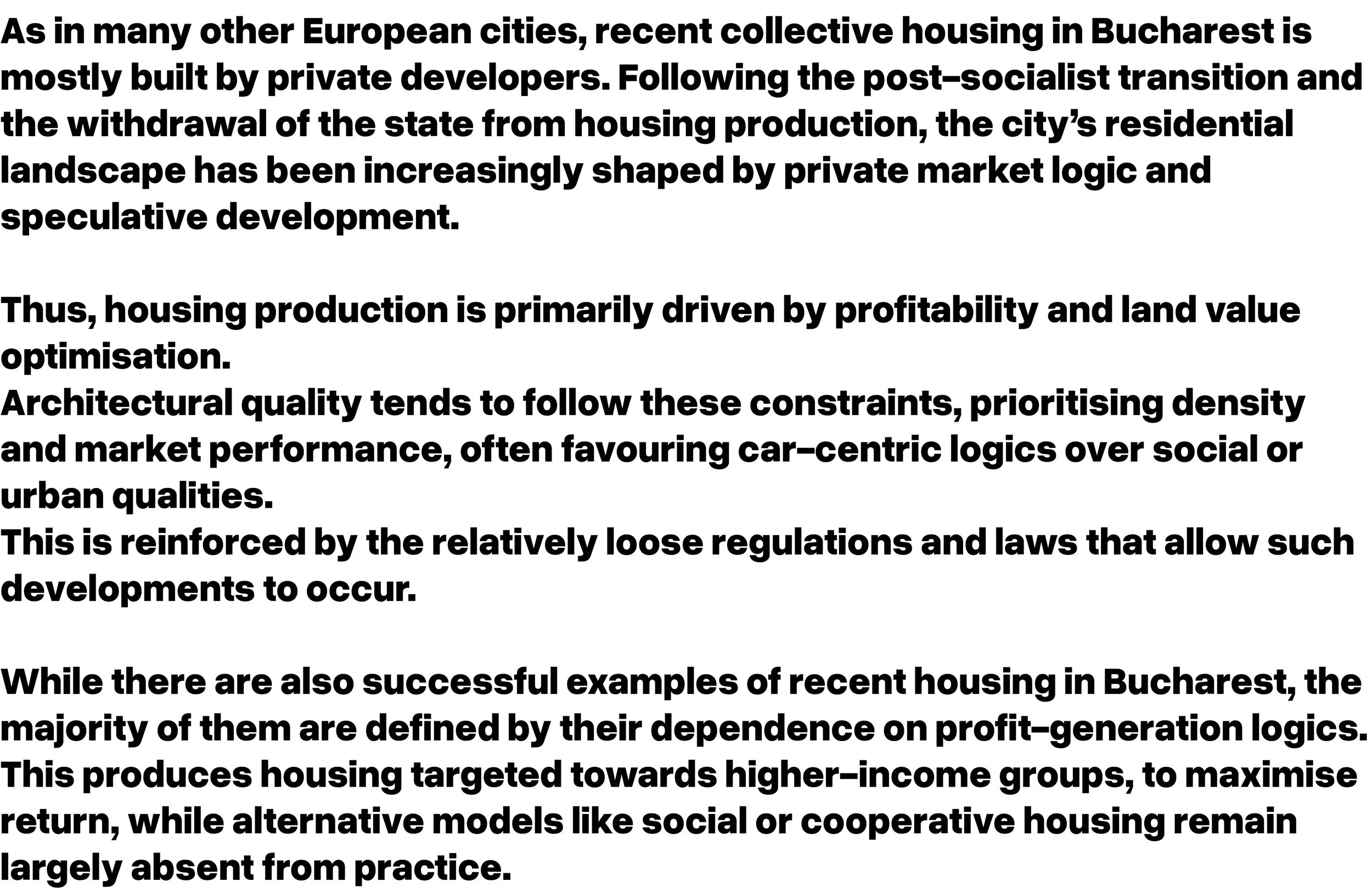 Text discussing housing development in Bucharest, highlighting private sector influence and alignment with market interests, contrasting with social or cooperative housing models.