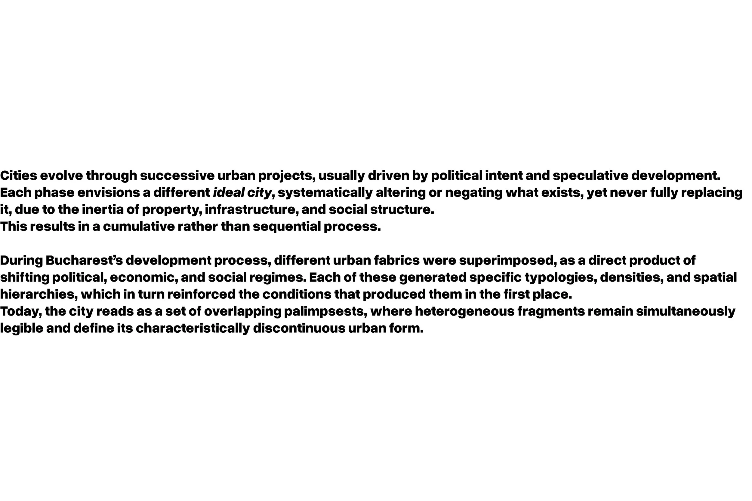 Text discussing urban development, city evolution, and the overlay of different urban fabrics in Bucharest.